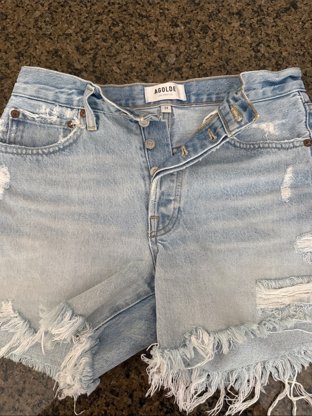 Agolde Light Blue Distressed Denim Jean Shorts